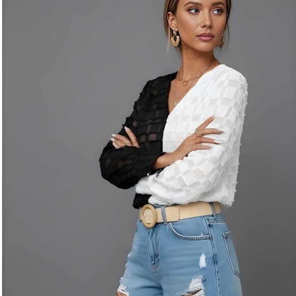 Black And White Sheer Neck V Blouse - Picture 3 of 6